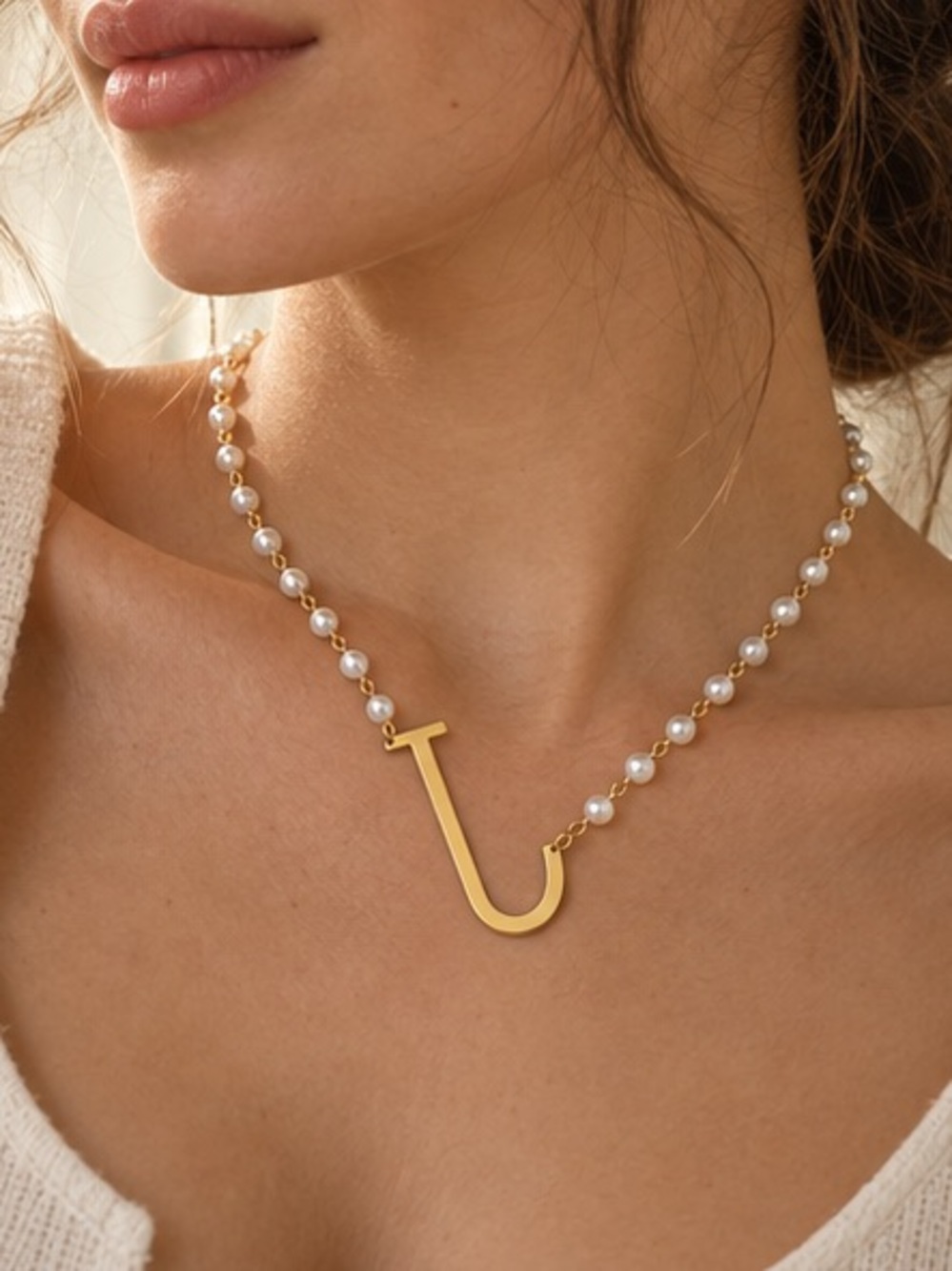 Gold J Initial Pearl Bead Necklace